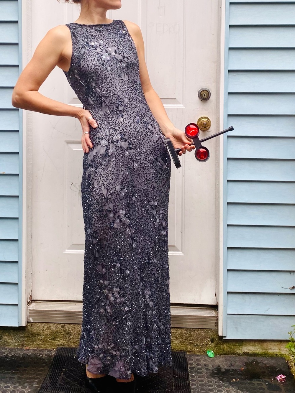 y2k silk silver grey Beaded Evening Gown maxi dress